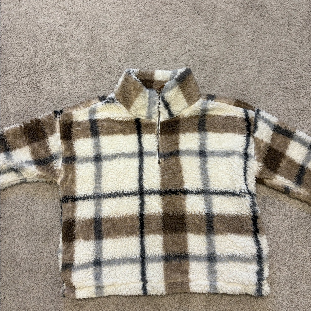 Thread & Supply Plaid Sherpa Pullover - Brown, Cream, and Gray